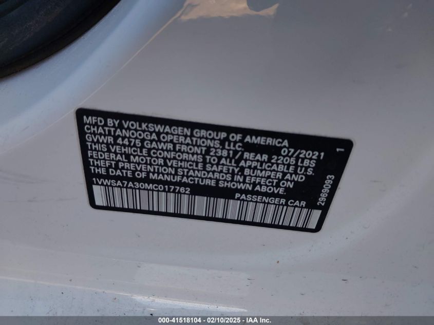 2021 Volkswagen Passat 2.0T Se VIN: 1VWSA7A30MC017762 Lot: 41518104