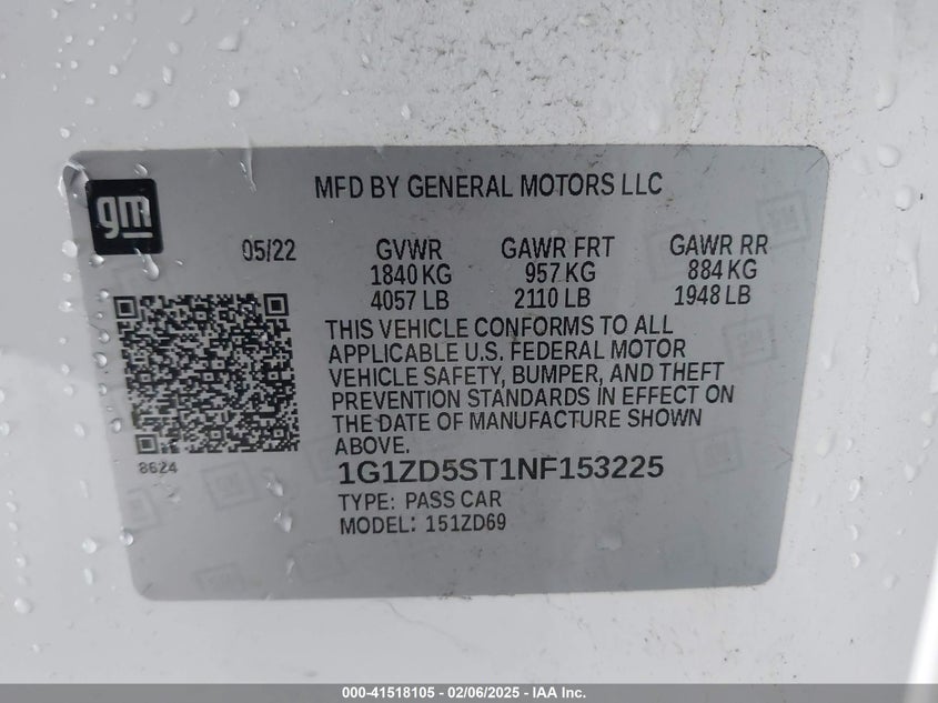 2022 CHEVROLET MALIBU VIN: 1G1ZD5ST1NF153225