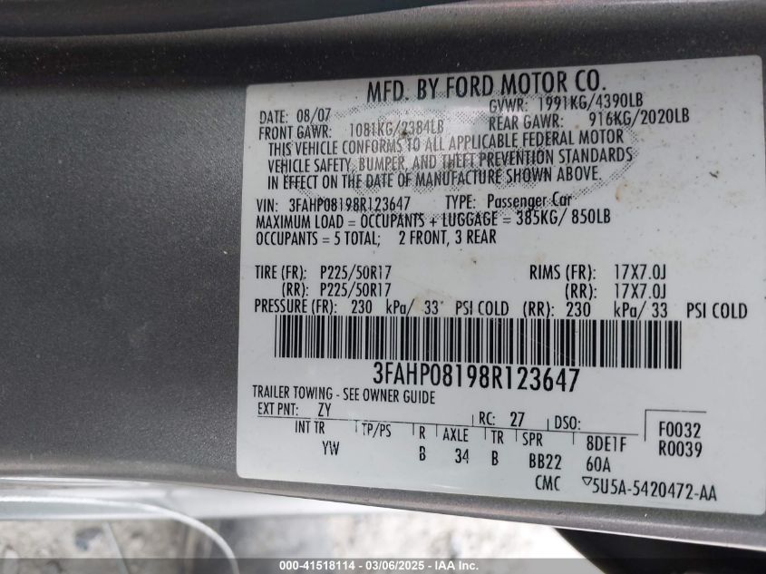 2008 Ford Fusion Sel VIN: 3FAHP08198R123647 Lot: 41518114