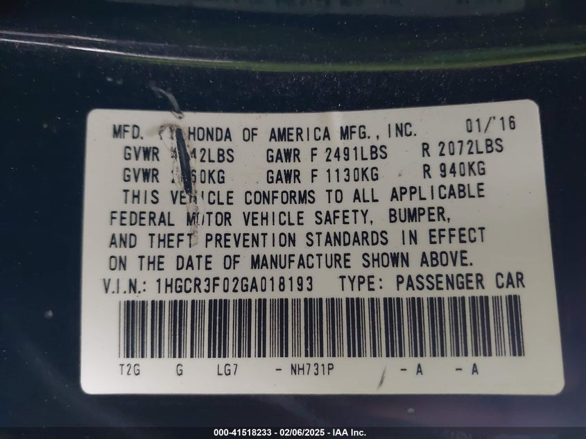 2016 HONDA ACCORD VIN: 1HGCR3F02GA018193