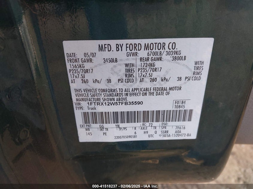 2007 FORD F-150 VIN: 1FTRX12W57FB35590