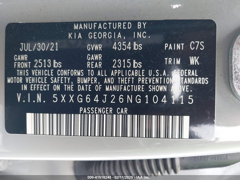 2022 KIA K5 VIN: 5XXG64J26NG104115