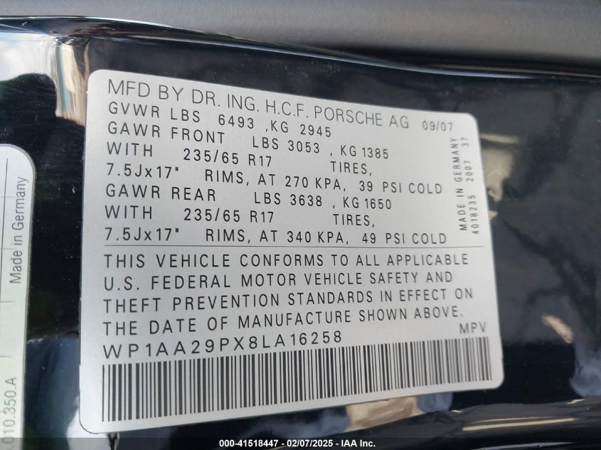 2008 Porsche Cayenne VIN: WP1AA29PX8LA16258 Lot: 41518447