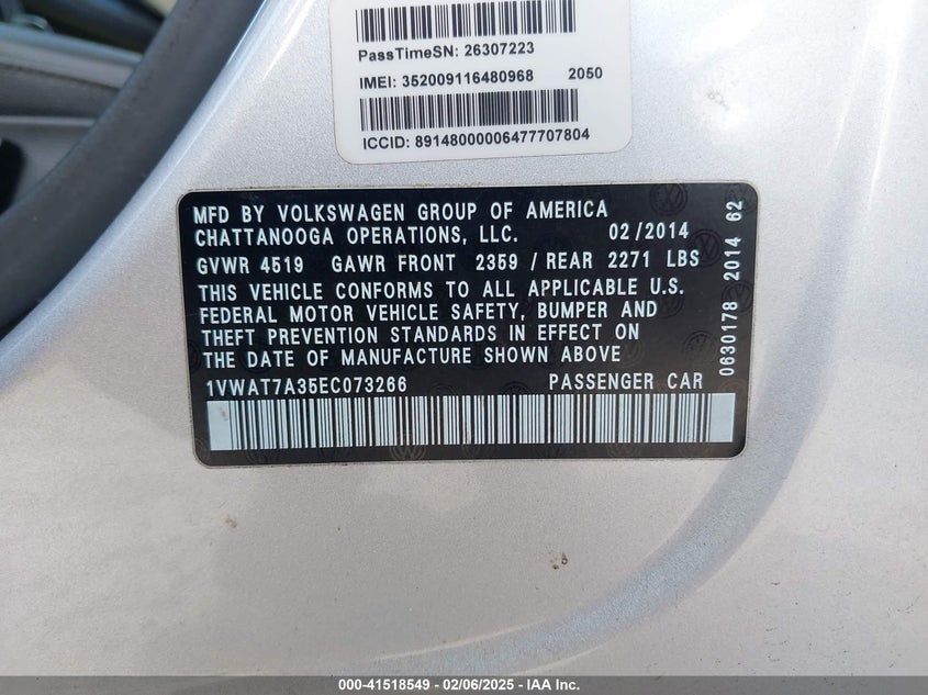 2014 VOLKSWAGEN PASSAT VIN: 1VWAT7A35EC073266