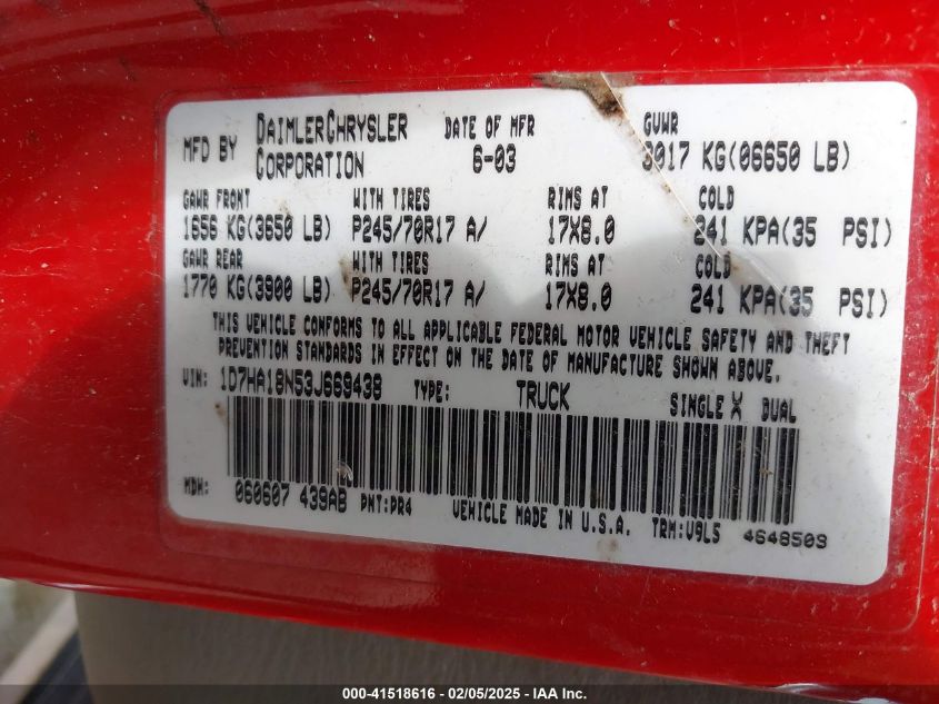2002 Dodge Ram 1500 St VIN: 1B7HA18N52J101473 Lot: 41518616