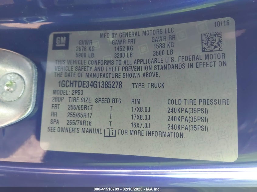 2016 CHEVROLET COLORADO VIN: 1GCHTDE34G1385278