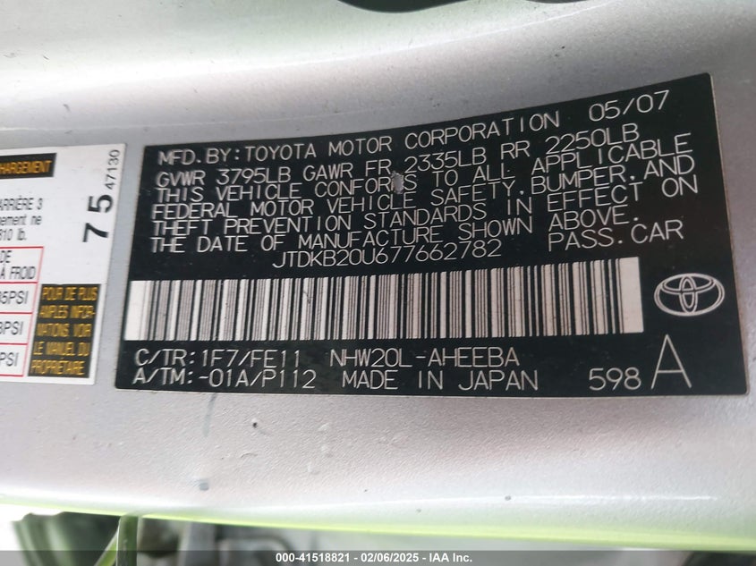 2007 TOYOTA PRIUS VIN: JTDKB20U677662782