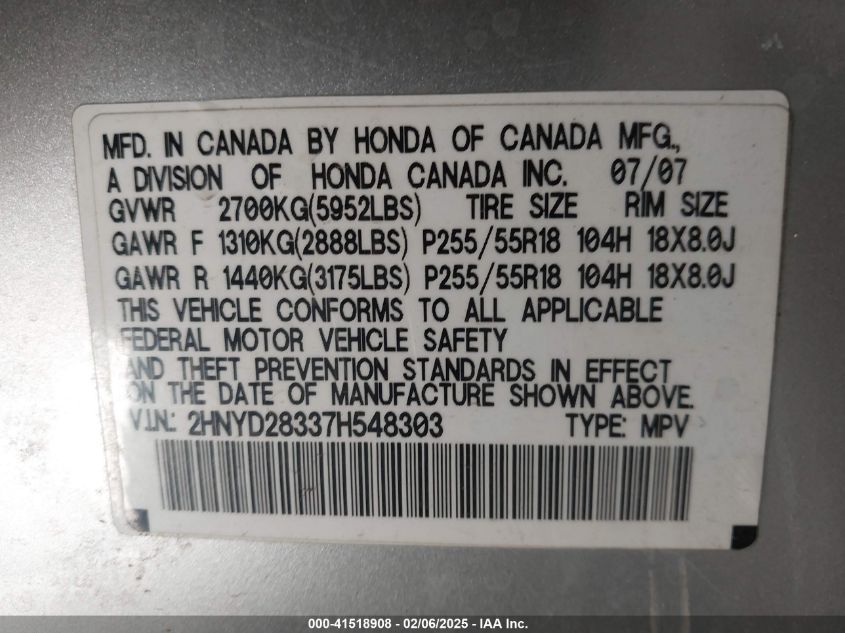 2007 Acura Mdx Technology Package VIN: 2HNYD28337H548303 Lot: 41518908