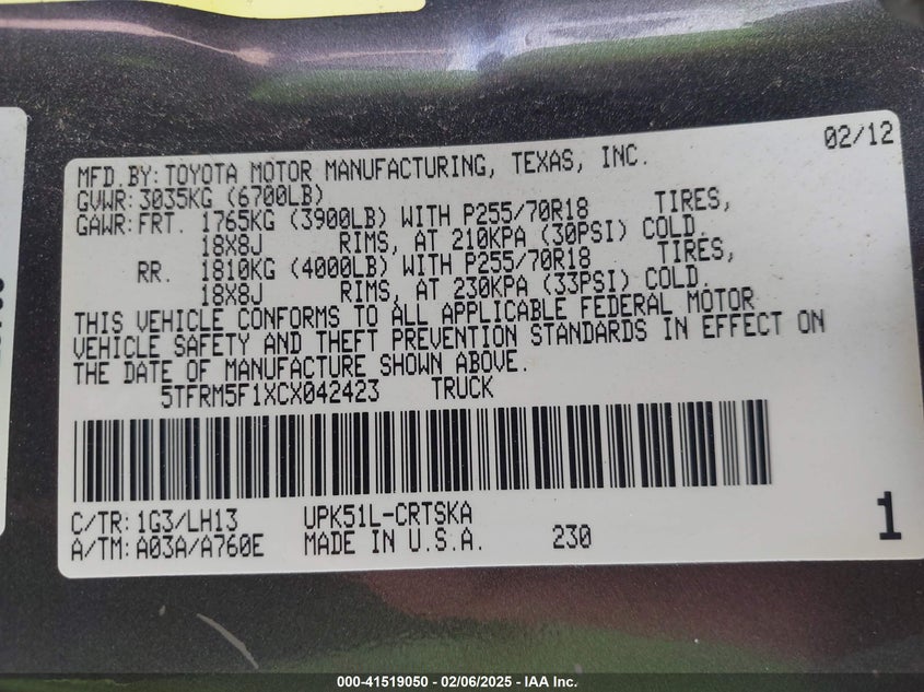2012 TOYOTA TUNDRA VIN: 5TFRM5F1XCX042423