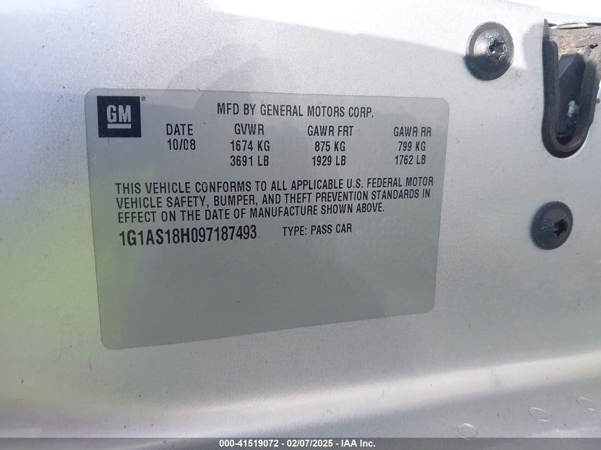 2009 CHEVROLET COBALT VIN: 1G1AS18H097187493