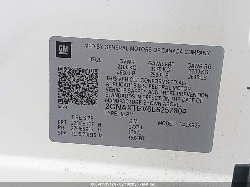 2020 CHEVROLET EQUINOX VIN: 2GNAXTEV6L6257804