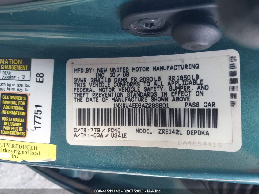 2010 Toyota Corolla Le VIN: 1NXBU4EE6AZ268601 Lot: 43421195