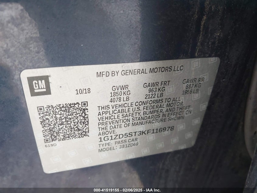 2019 CHEVROLET MALIBU VIN: 1G1ZD5ST3KF116978