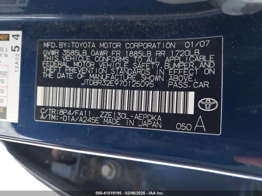 2007 TOYOTA COROLLA VIN: JTDBR32E970125095