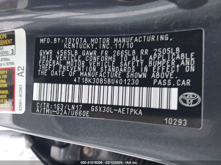 2011 Toyota Avalon Limited VIN: 4T1BK3DB5BU401230 Lot: 41519206