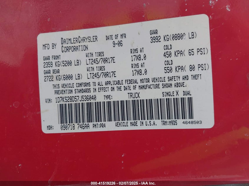 2007 DODGE RAM 2500 VIN: 1D7KS28D57J536040