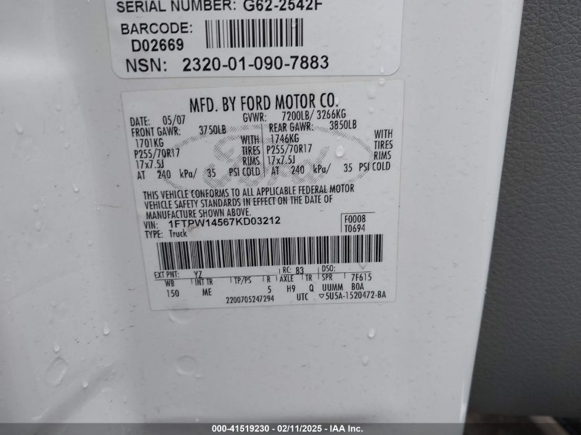 2007 Ford F-150 Fx4/Lariat/Xlt VIN: 1FTPW14567KD03212 Lot: 41519230