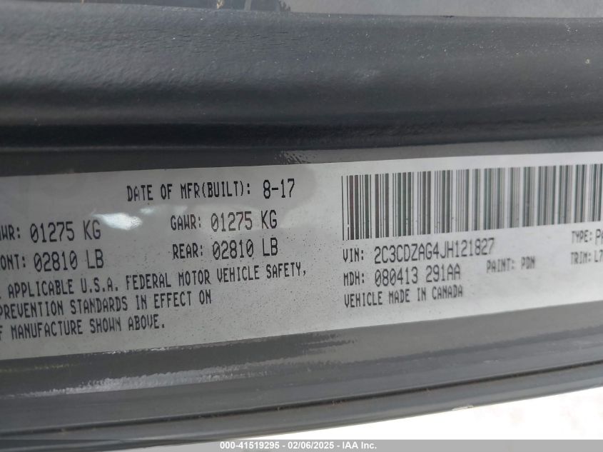 2018 Dodge Challenger Sxt VIN: 2C3CDZAG4JH121827 Lot: 41519295