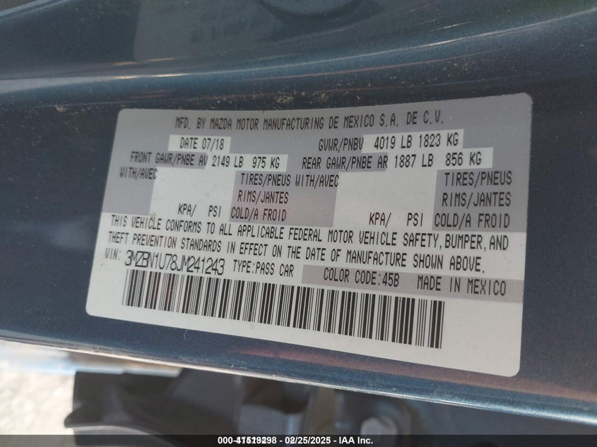 2018 MAZDA MAZDA3 VIN: 3MZBN1U78JM241243