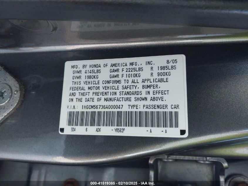 2006 Honda Accord 2.4 Ex VIN: 0001HGCM56736A000 Lot: 41519385