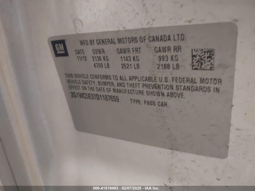 2013 CHEVROLET IMPALA VIN: 2G1WC5E37D1187659