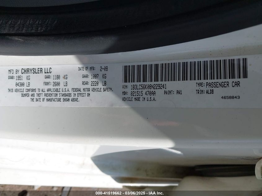 2008 Dodge Avenger Sxt VIN: 1B3LC56K08N229241 Lot: 41519662