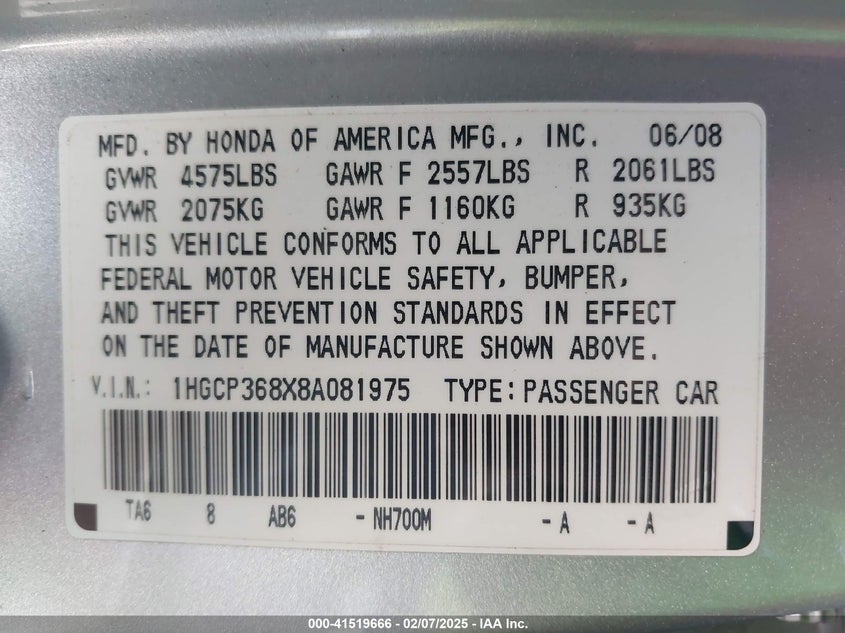 2008 HONDA ACCORD VIN: 1HGCP368X8A081975