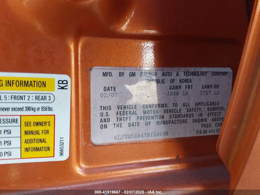 2007 Chevrolet Aveo Lt VIN: KL1TG56647B150698 Lot: 41519667