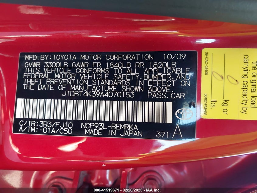 2010 TOYOTA YARIS VIN: JTDBT4K39A4070153