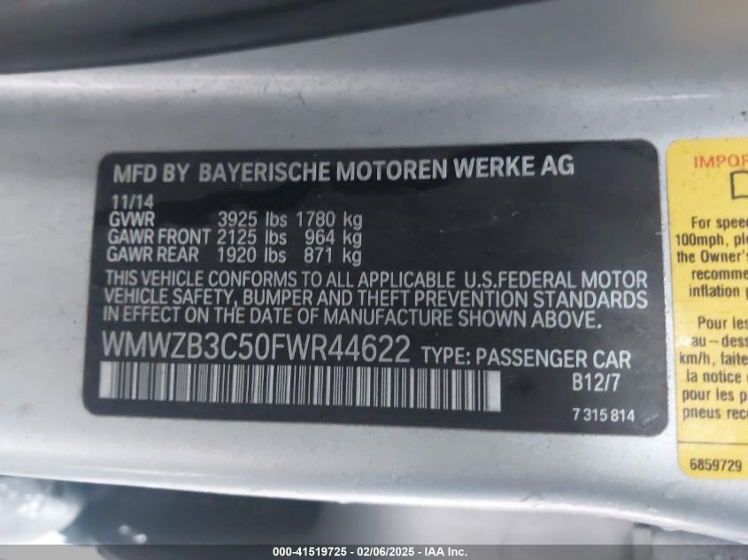 2015 Mini Cooper Cooper VIN: WMWZB3C50FWR4462 Lot: 41519725