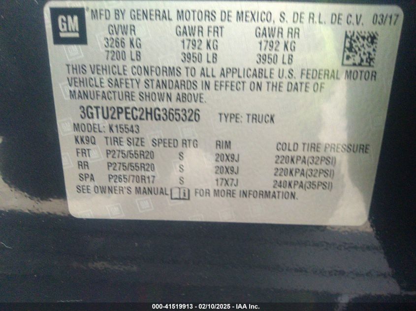 2017 GMC Sierra VIN: 3GTU2TEC2HG365326 Lot: 41519913