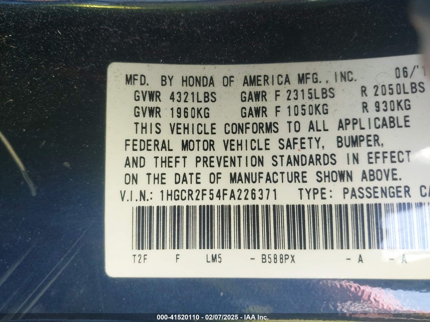2015 HONDA ACCORD VIN: 1HGCR2F54FA226371