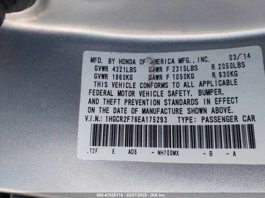 2014 HONDA ACCORD VIN: 1HGCR2F76EA175293