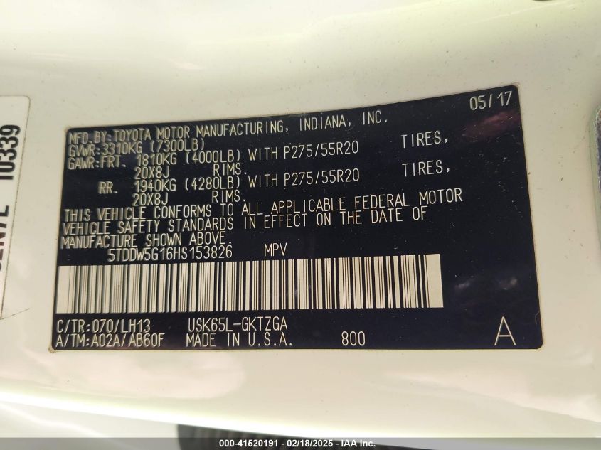 2017 Toyota Sequoia Platinum VIN: 5TDDW5G16HS153826 Lot: 41520191