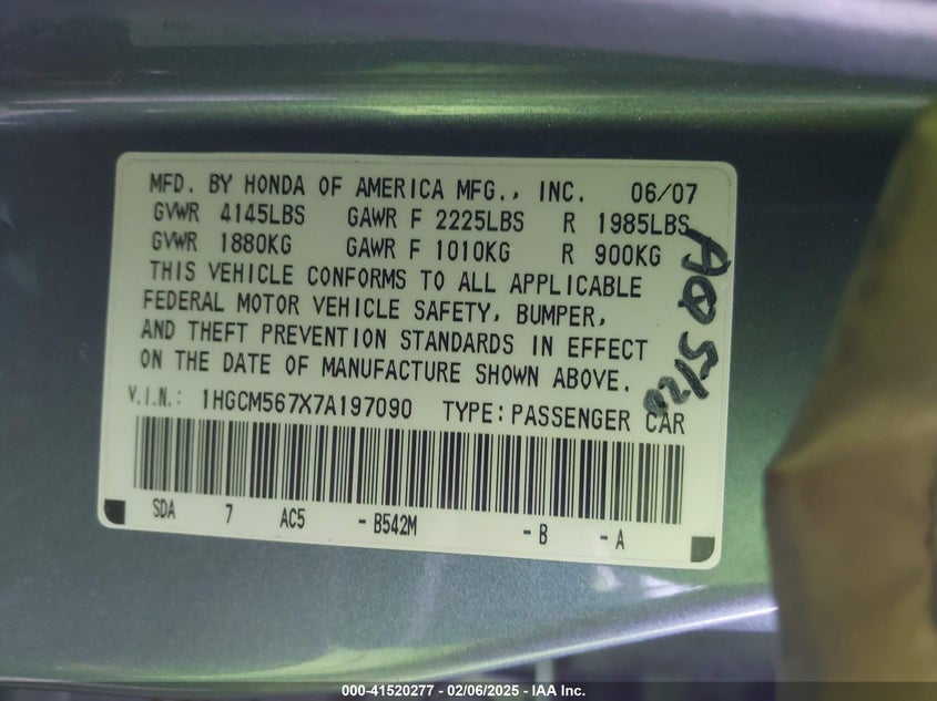2007 HONDA ACCORD VIN: 1HGCM567X7A197090