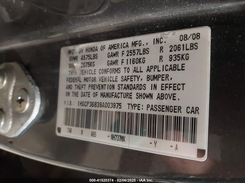 2009 HONDA ACCORD VIN: 1HGCP36839A003975