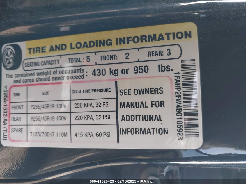 2011 FORD TAURUS VIN: 1FAHP2FW4BG105923