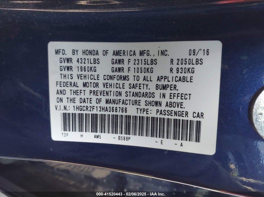 2017 HONDA ACCORD VIN: 1HGCR2F13HA068766