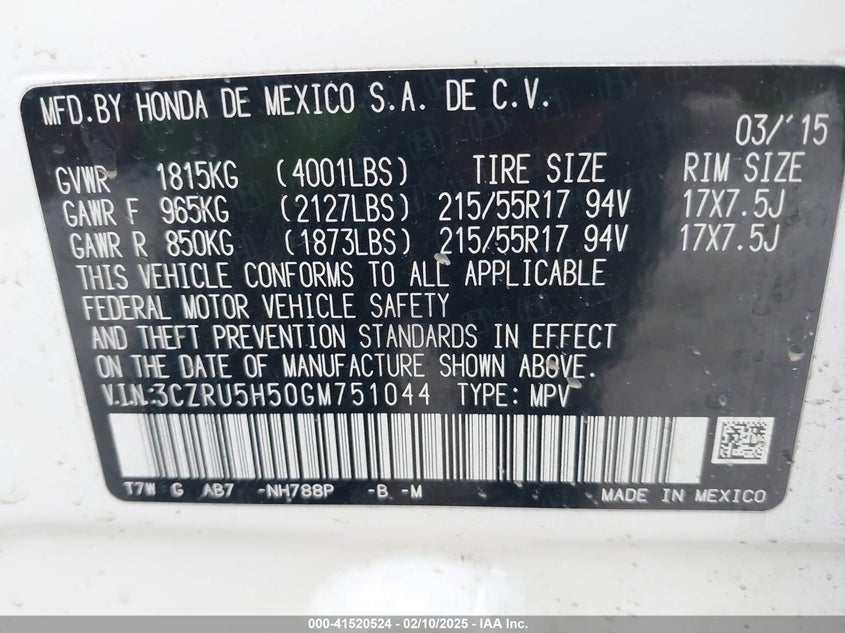 2016 Honda Hr-V Ex VIN: 3CZRU5H50GM751044 Lot: 41520524