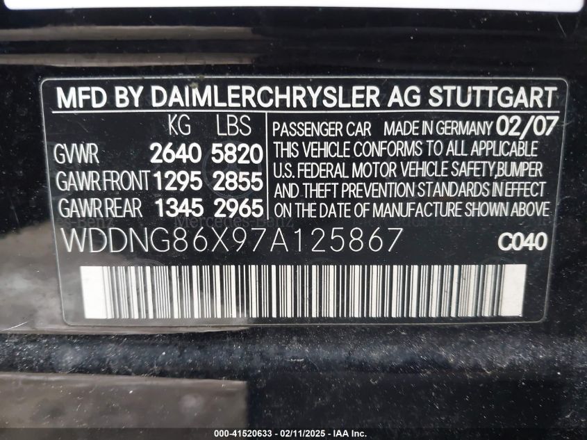 2007 Mercedes-Benz S 550 4Matic VIN: WDDNG86X97A125867 Lot: 41520633