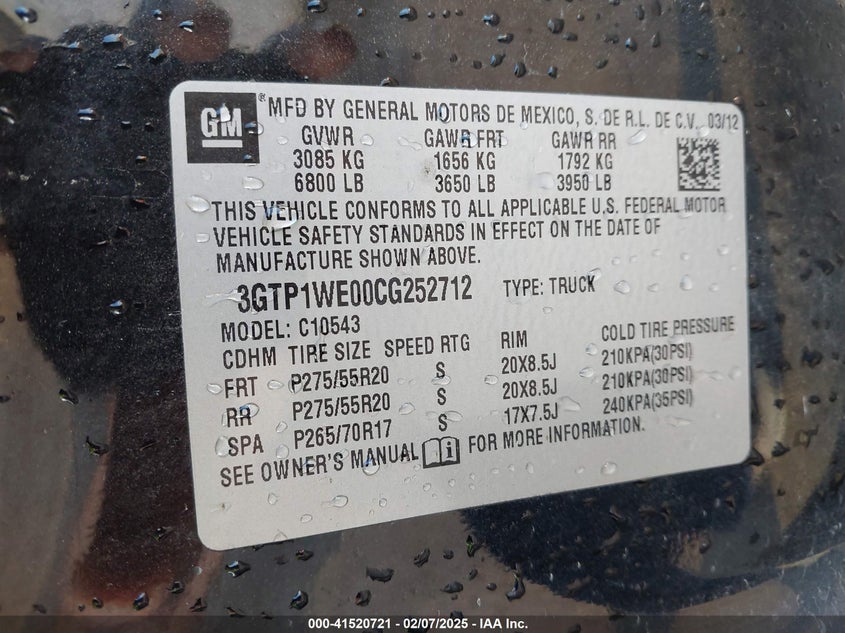 2012 GMC SIERRA 1500 VIN: 3GTP1WE00CG252712