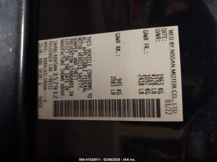 2022 NISSAN ALTIMA VIN: 1N4BL4DV5NN357932