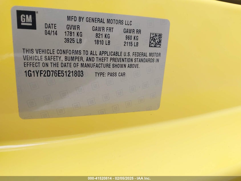 2014 CHEVROLET CORVETTE STINGRAY VIN: 1G1YF2D76E5121803