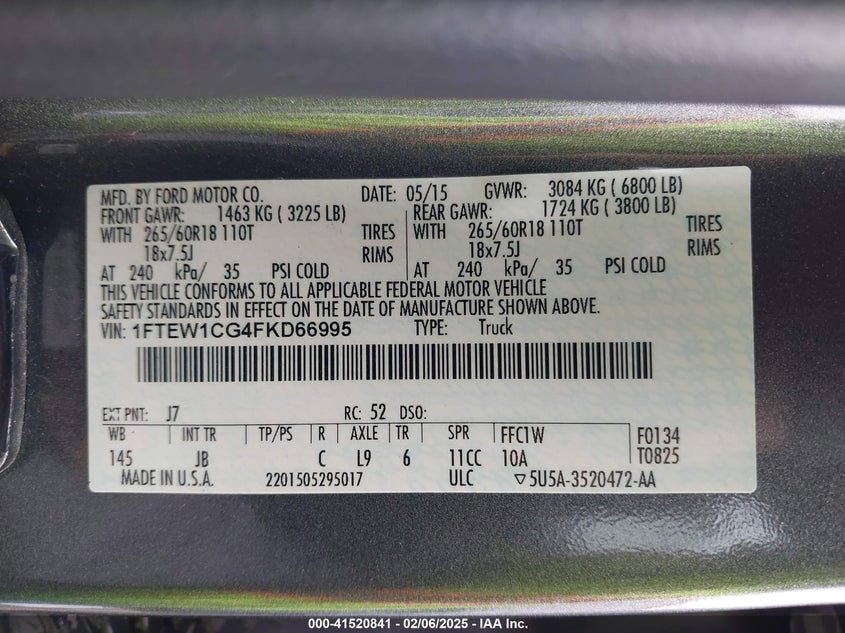 2015 FORD F-150 VIN: 1FTEW1CG4FKD66995