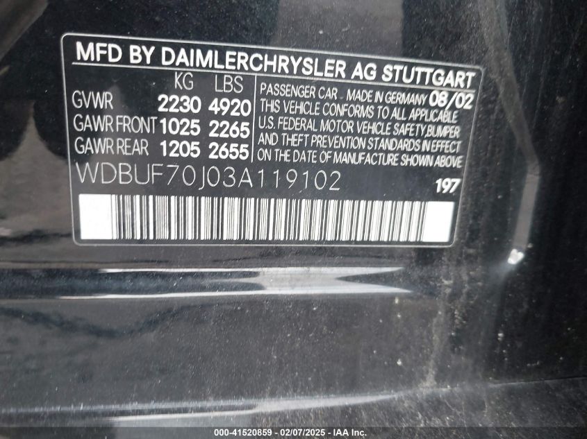 2003 Mercedes-Benz E 500 VIN: WDBUF70J03A119102 Lot: 41520859