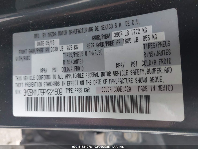 2015 MAZDA 3 VIN: 3MZBM1U79FM221609