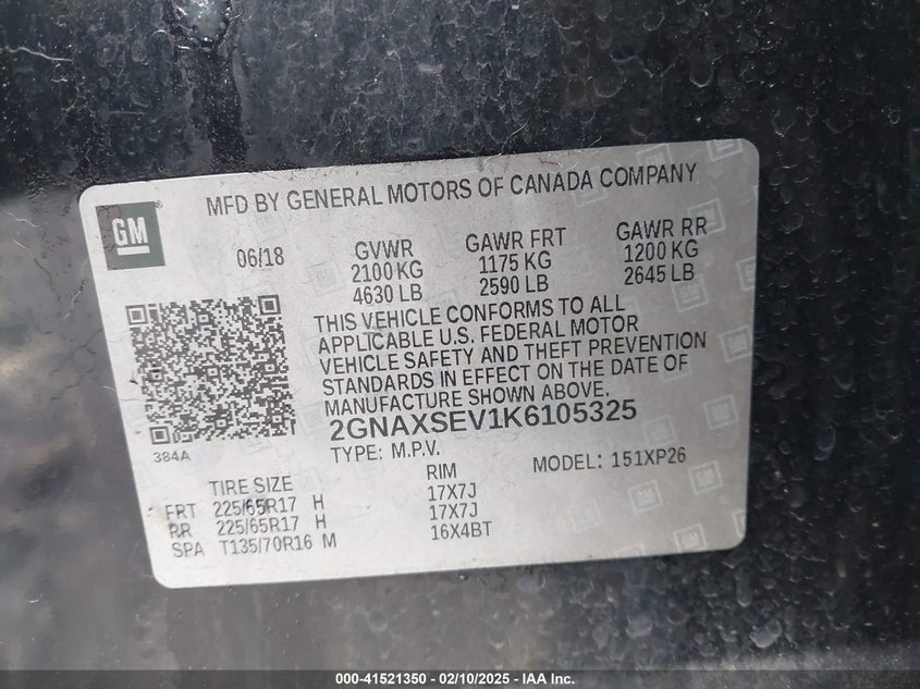 2019 CHEVROLET EQUINOX VIN: 2GNAXSEV1K6105325