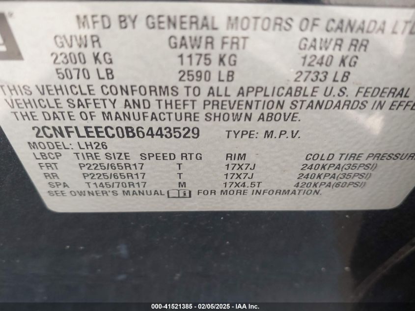 2011 Chevrolet Equinox 1Lt VIN: 2CNFLEEC0B6443529 Lot: 41521385