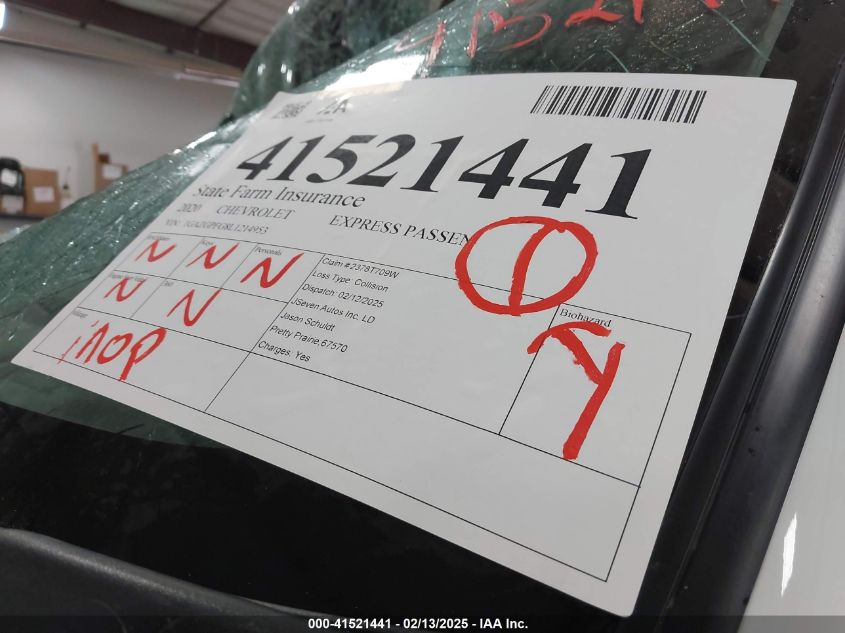 2020 Chevrolet Express Passenger Rwd 3500 Extended Wheelbase Lt VIN: 1GAZGPFG8L1214953 Lot: 41521441