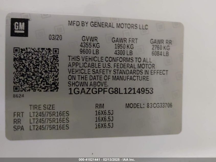 2020 Chevrolet Express Passenger Rwd 3500 Extended Wheelbase Lt VIN: 1GAZGPFG8L1214953 Lot: 41521441